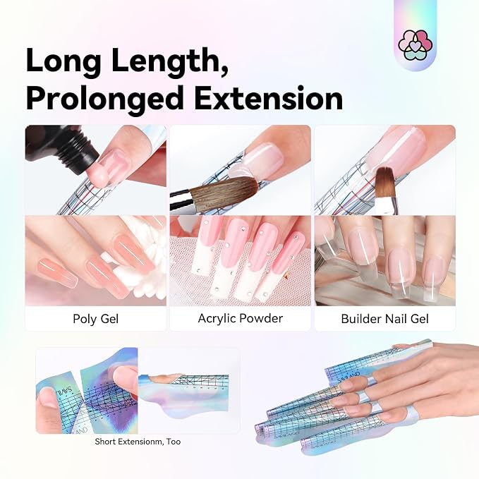 SAVILAND Reusable Long Length Nail Forms for Acrylic Nails Builder Nail Gel | Super Sticky, Poly Gel Nail Forms, Sturdy Self-adhesive Nails Model Stencils, Home sSalon Extension