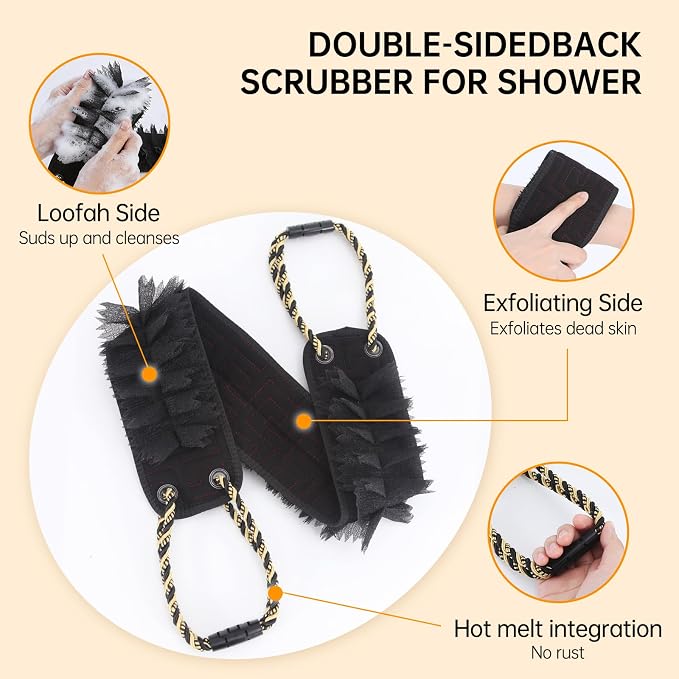 Shower Back Scrubber with Handles, 40 Inches Dual-Sided Back Washer, Dual-Sided Body Exfoliator for Men, Women and Elderly. Foaming on One Side, Exfoliating on the Other for Deep Cleansing.