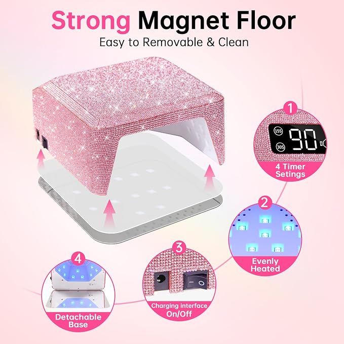 UV Light for Gel Nails, Cordless UV Nail Lamp, Professional Salon & Home | 39 Beads | 96W | 6000mAh Rechargeable | Smart Sensor | Detachable Base | 4 Timers | Rhinestone Pink Sparkly