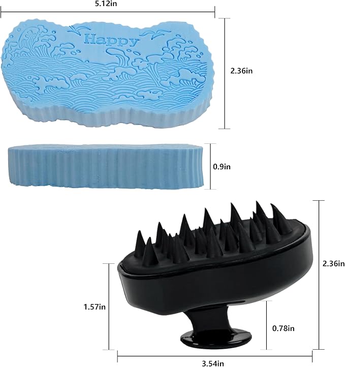 Magic Exfoliating Bath Sponge & Scalp Massager Set (2 Sponges, 1 Scrubber), Body Scrubber & Silicone Scalp Brush for Deep Cleansing, Dandruff Care & Relaxation