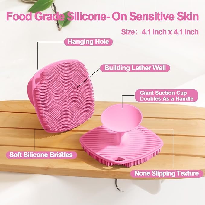 Silicone Body Scrubber, Bath Brush,Gentle Texture Exfoliating Body Scrubber for Men and Women On Sensitive Skin, Soft Scrubber Builds Up Lather, Getting a Deep Skin Clean (Pink)