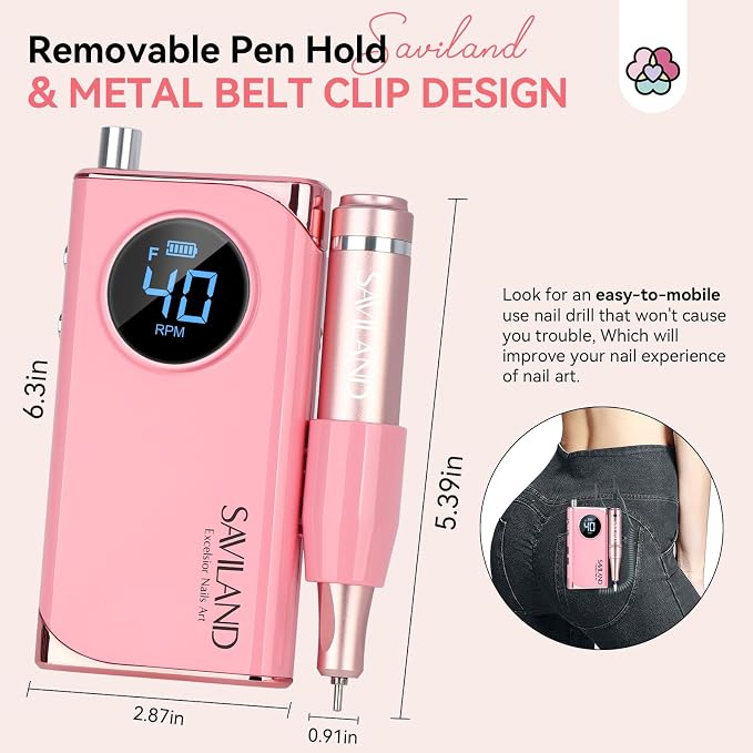 SAVILAND Professional Nail Drill : 40000RPM Rechargeable Pink Nail Drill Kit Electric Filer with 6000mAh Battery for Shaping, Removing & Polishing Acrylic Nails Home Salon Manicure Pedicure Ideal Gift
