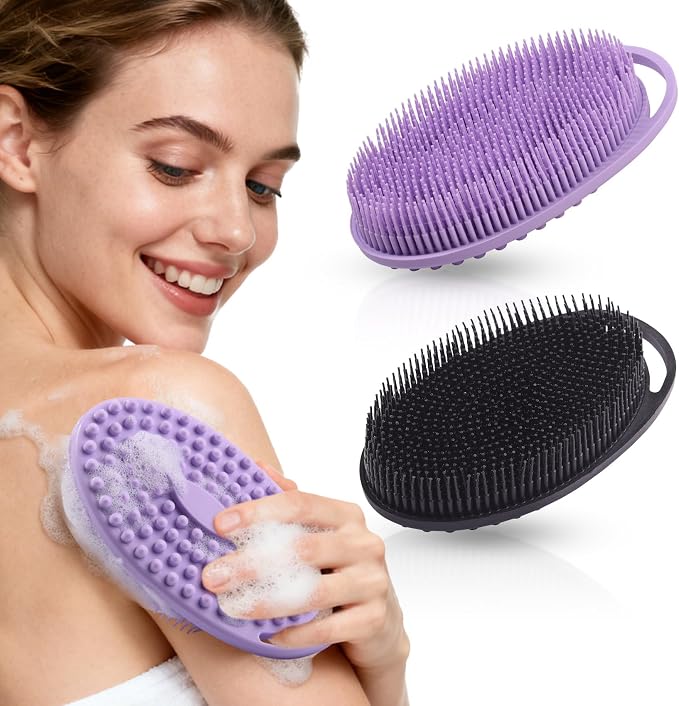 2 Pack Silicone Body Scrubber, Exfoliating Shower Scrubber for All Skin | 2 in 1 dual-sided design, soft bristles and massage bumps side, fast-drying, non-slip handle, for women and men, Black+Purple