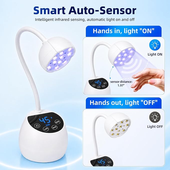 UV Nail Lamp, 360° Gooseneck Flash Cure Nail Lamp | 36W, 12 LEDs,4 Timers & Auto Sensor, Cordless UV Nail Light for All Gels Salon Home DIY,White