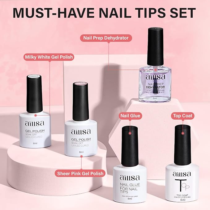 AILLSA Extra Short Coffin Gel Nail Kit 240pcs Full Nail Tips | 2 In 1 Nail Glue Base Coat and Nail Dehydrator, Nail Extension Kit with Nail Lamp Top Coat for Starters