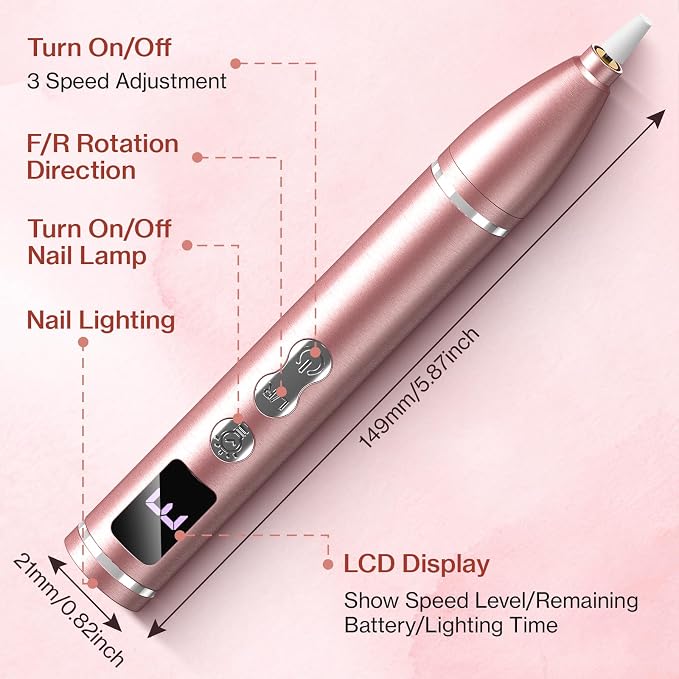 Cordless Electric Nail Drill with UV Light Lamp,Portable Nail File for Acrylic Gel Nails,LCD Display,12 Bits Rechargeable Nail Drill Kit 35000 RPM,Professional Manicure Pedicure Tools for Home