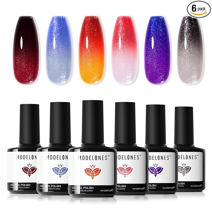 modelones Gel Nail Polish Set Glitter Color Changing 6Colors Red Blue Black
