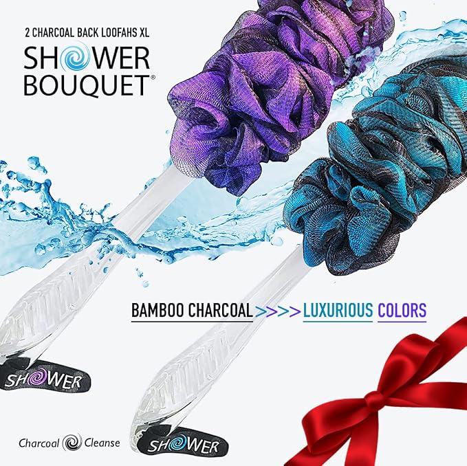 SHOWER BOUQUET Color-Charcoal Back-Loofah-with-Handle | 2-Pack Loofa Lufa | Bath-Sponge Brush Luffa | Long Handled Loofah on a Stick for Men & Women | Exfoliating Mesh Back Scrubber for Shower & Bath