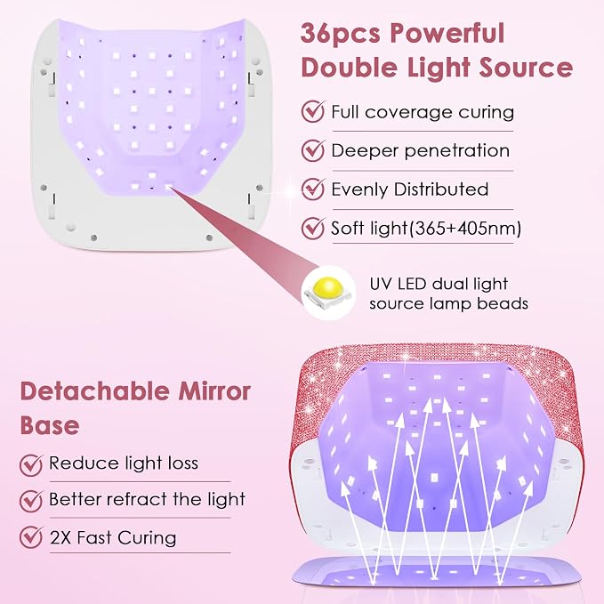 UV LED Nail Lamp Cordless, HUITINE 80W Rechargeable UV Light for Gel Nails | 5 Timers & Mirror Base, Professional Gel Light Dryer, Sparkling Rhinestones Curing Lamp for Salon & Home (Pink Diamond)