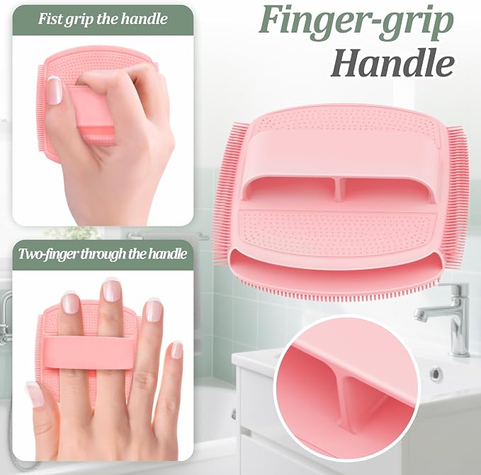 Silicone Back & Face Scrubber & Bath Glove Set 3PCS, 13.4'' Gentle Back Scrubber with Dual-Side Head, 360° Anti-Slip Bath Glove, Unique Side-bristled Face Scrubber for All-Round Cleaning(Pink)