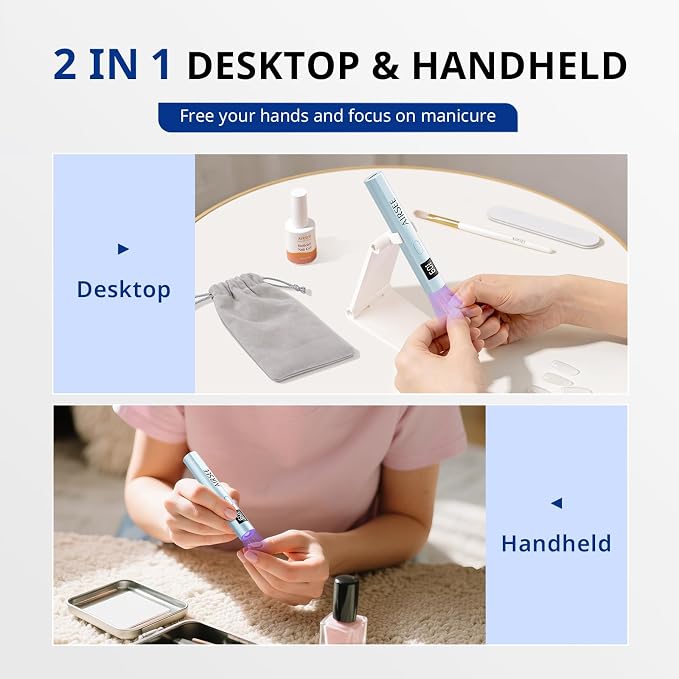 AIRSEE Mini Handheld UV Light with Storage Bag & Display,Blue-with Stand | Cordless Nail Lamps,2 Timers for Fast Cure All Soft Gels, Especially Rhinestone Glue and Gel Nail Strips at Home,Travel