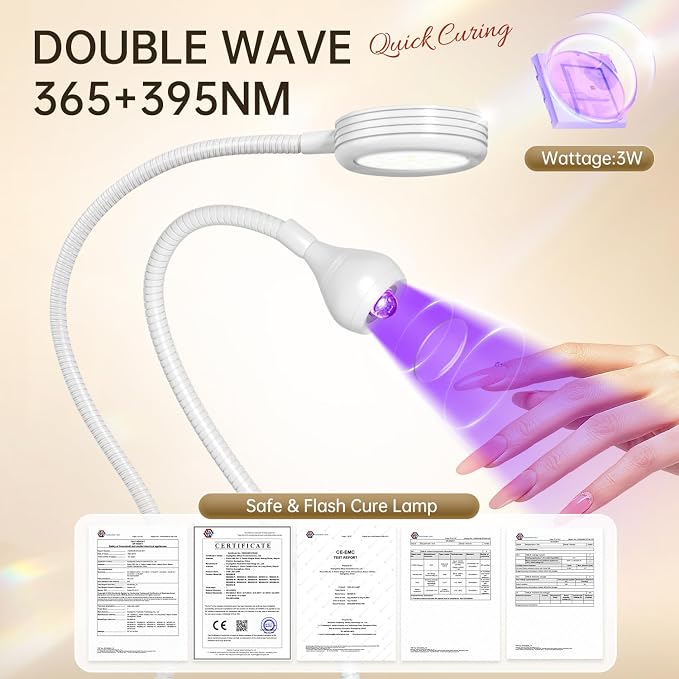 AORAEM UV LED Nail Lamp, Double-Headed Flash Cure Light, White | Curing Light for Gel Nails with Portable Gooseneck and Clamp, for Professional and Home DIY Salon