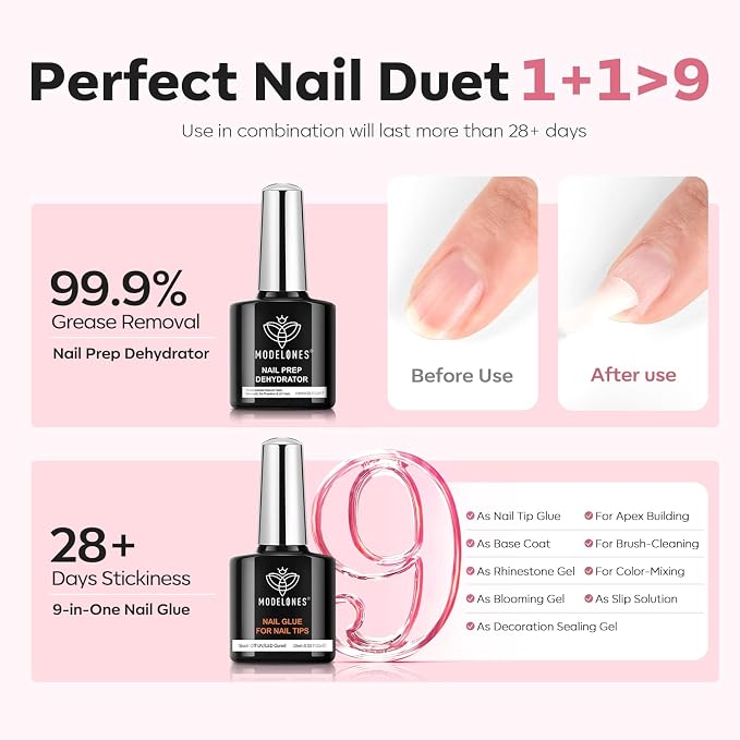 modelones X Nail Gel Kit, , 9-in-One Glue Prep Dehydrator UV Light Clipper | 510Pcs Extra Short Oval Round Fake Nails 15Sizes Pre-shaped Half Matte Press on Oval Tips for Extension DIY Salon