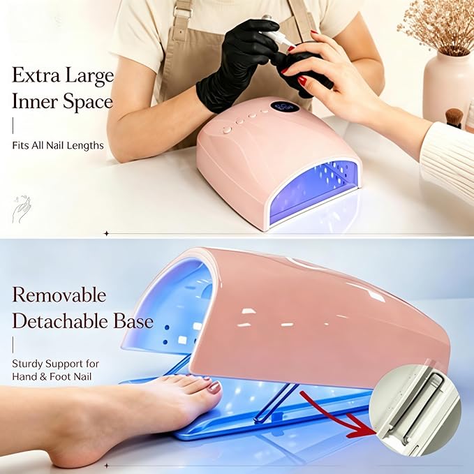 Cordless UV Nail Lamp, 96W UV LED Nail lamp for Gel Polish & Acrylic Nails, Fast Curing Nail Light with 4 Timers, Detachable Base, Auto Sensor, 45 LED Beads, Salon & Home Use (Pink)