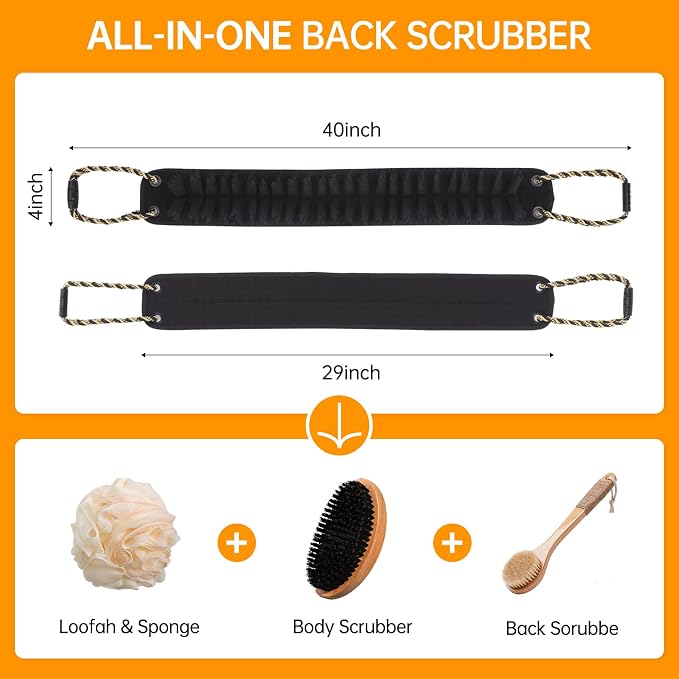 Shower Back Scrubber with Handles, 40 Inches Dual-Sided Back Washer, Dual-Sided Body Exfoliator for Men, Women and Elderly. Foaming on One Side, Exfoliating on the Other for Deep Cleansing.