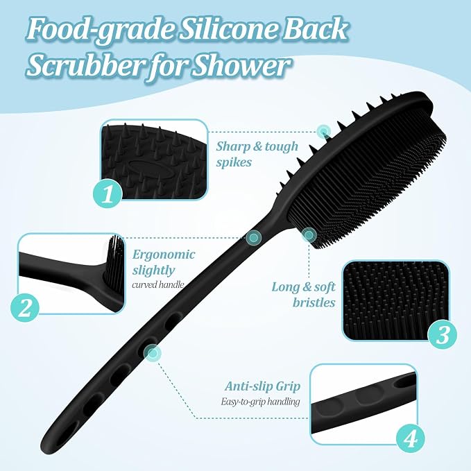 Silicone Back & Face Scrubber & Bath Glove Set 3PCS, 13.4'' Gentle Back Scrubber with Dual-Side Head, 360° Anti-Slip Bath Glove, Unique Side-bristled Face Scrubber for All-round Cleaning(Black)