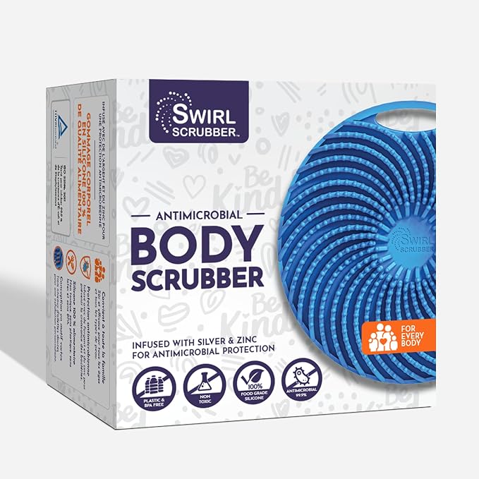 Antimicrobial Silicone Body Scrubber - Blue - Shower Hanger & Sticker, Lymphatic Support, Deep Exfoliation-Cleansing, Family Hygiene | Deep-cleansing exfoliating shower scrubber includes hanger and wall sticker for convenient family hygiene