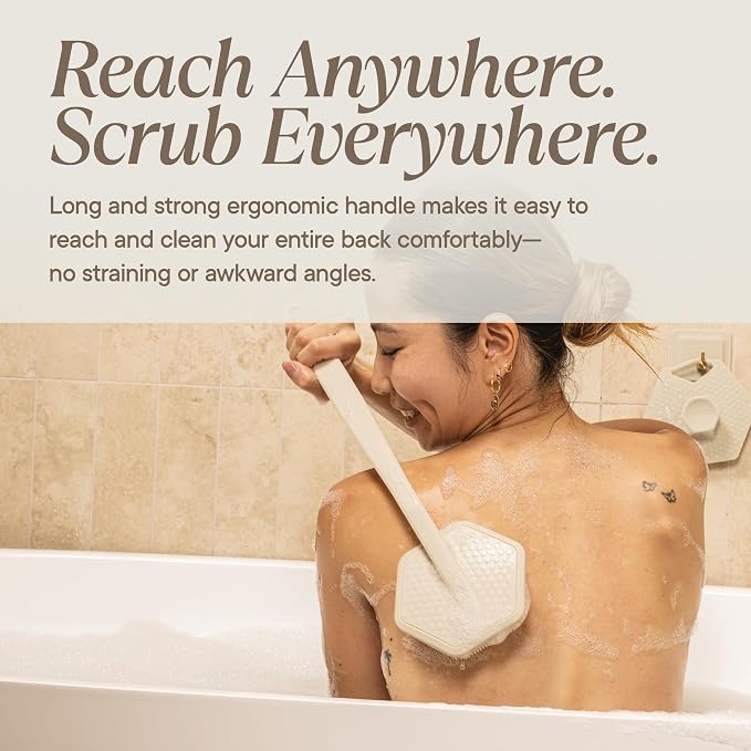 TOOLETRIES Silicone Back Scrubber for Shower with Hook - Sand | Long ergonomic bath brush with a non-slip grip for exfoliating and reaching hard-to-reach areas comfortably.