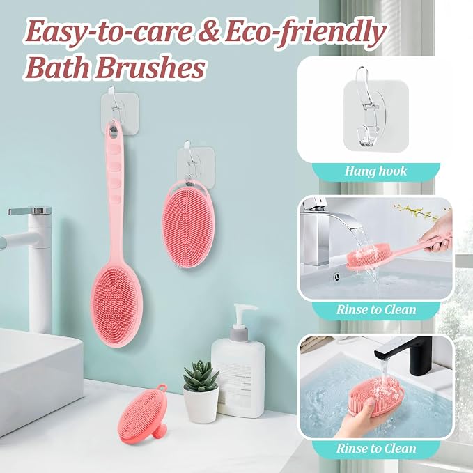 Silicone Back & Body & Face Scrubber Set 3PCS, Gentle Exfoliating Back & Body Scrubber with Dual-Side Brush Head, Hygienic Silicone Loofahs with Soft Bristle and Non-Slip Handle(Pink-3PC)