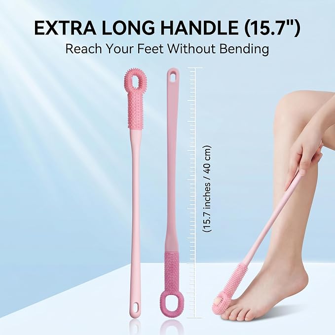2 Pack Toe Cleaning Brush with Long Handle – Soft Rubber Toe Cleaner & Foot Scrubber for Shower, Exfoliating Foot Brush for Seniors, Men & Women (Pink)