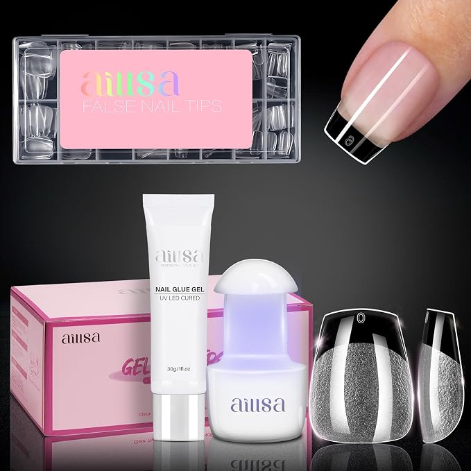 AILLSA Gel Nail Extension Kit Extra Short Coffin Nail Tips 120pcs | Upgrade Glue Gel for Fake Tips Press on Nails, Nail Extensions Kit with Portable Nail Lamp for Beginners