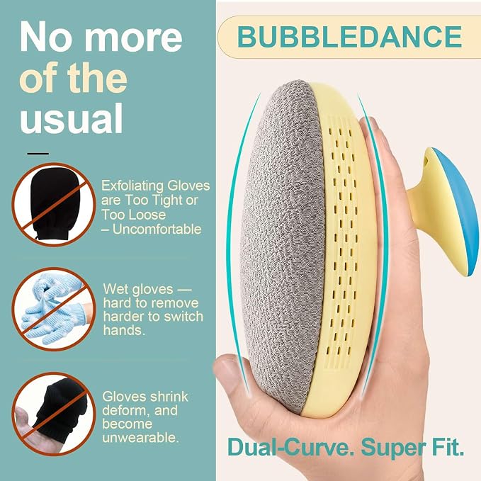 Shower Body Scrubber-Upgraded Bath Glove, Exfoliating Dead Skin | Upgraded glove: pebble base, non-slip grip for stability. 450D & soft TPE cushion gentle deep exfoliation. No pruney fingers.