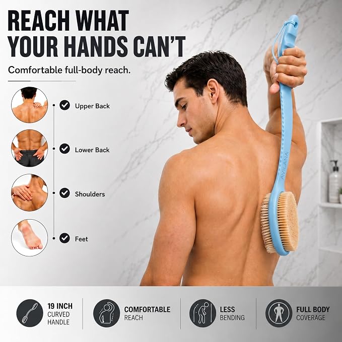 Avilana Long Handle Body Brush for Shower, 19 Inch Curved Back Scrubber with Soft & Stiff Bristles, Exfoliating Body Brush for Back, Legs & Feet, Non-Slip Silicone Handle, Replaceable Head System