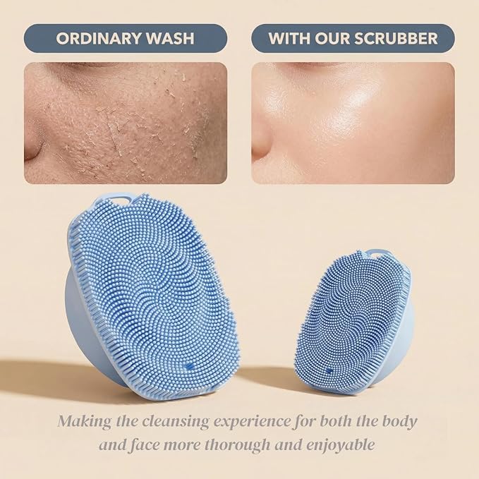 Soft Silicone Body Scrubber, Face Scrubber Silicone, Gentle Texture Exfoliating Body Scrubber for Men and Women On Sensitive Skin, Back Large Suction Cup for Easy Dry and Store (Blue)