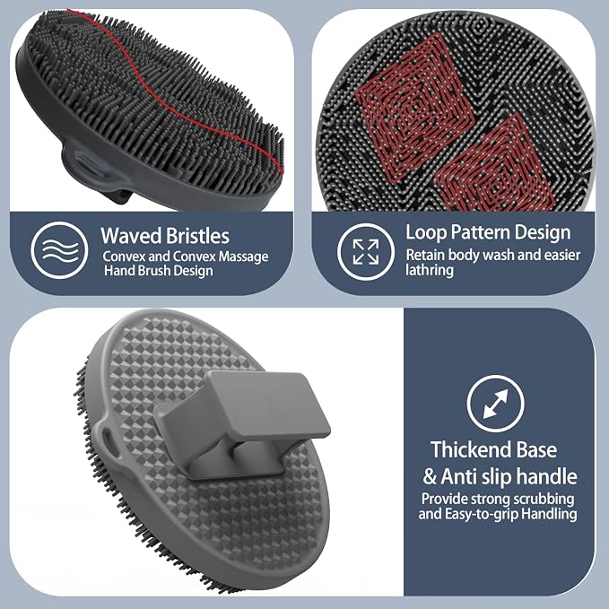 Silicone Body Scrubber-Silicone Shower Brush for Gentle Exfoliating & Lathering with Body Scrub & Wash, Durable & Hygienic, Deep Cleansing Exfoliator for All Skin Types - Shower Essential (Grey+Pink)