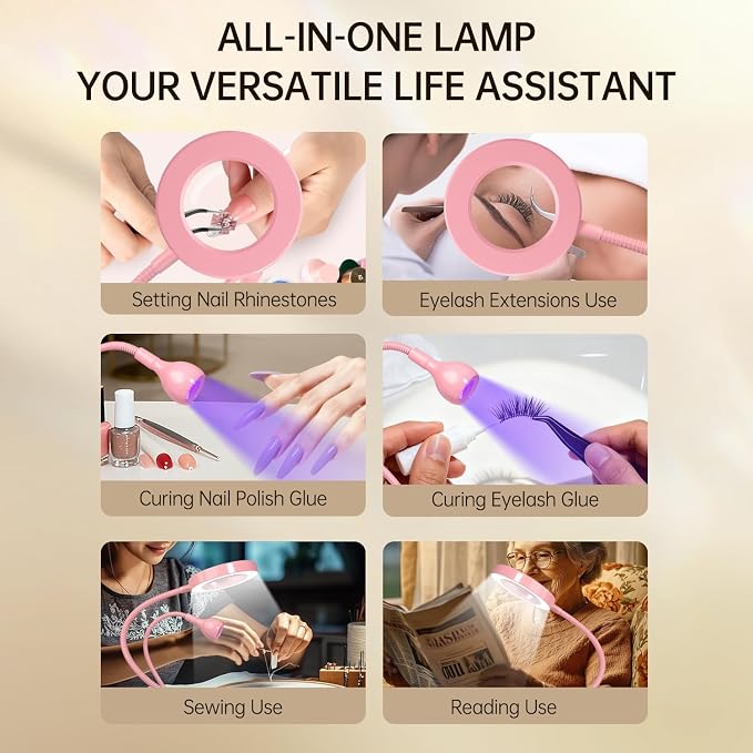 AORAEM LED UV Nail Lamp with Double-Head and 6X Magnifier, Pink | Gooseneck Lamp for Gel Nails, Flash Cure Lamp for Home DIY Salon