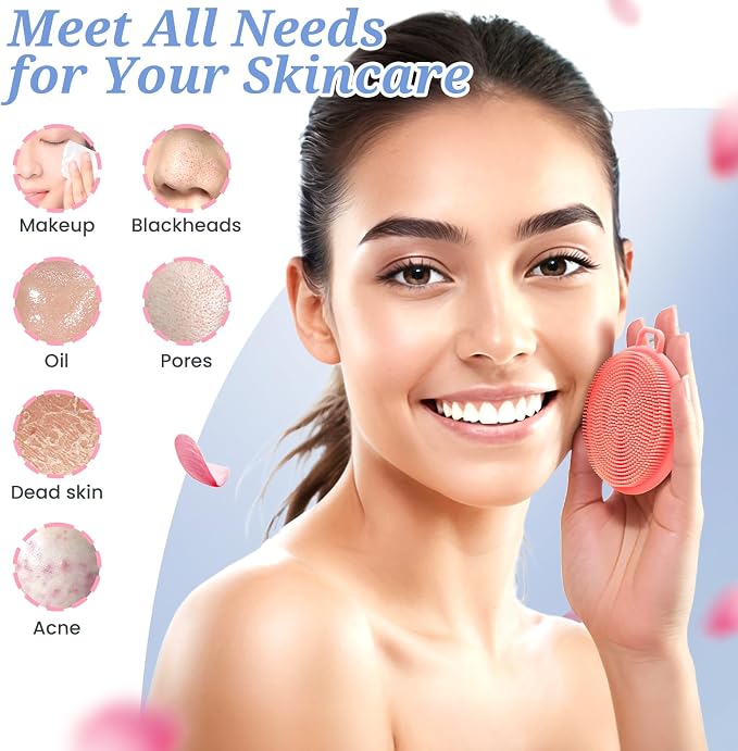 Silicone Face & Body Scrubber Set, Exfoliating Body Scrubber Face Scrubber with Dense Bristles & Non-Slip Handle, Gentle Silicone Loofah Face Brush for Good Lathering and Deep Cleansing(Pink)