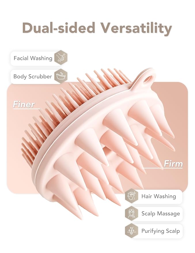 PRUOFRS Silicone Scalp Massager Shampoo Brush, Hair Scrubber with 2 Types Soft Silicone Bristles, Hair Growth & Dandruff Removal, Wet Dry Scalp Brush, Pink