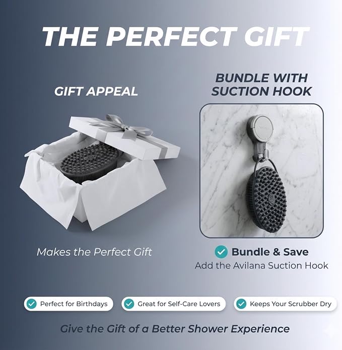 Avilana Silver Edition Body Scrubber - Silver-Ion Infused Silicone Shower Brush, ISO Tested Dual Sided, Stays Fresher Longer, SGS Certified Gentle Exfoliating Loofah Alternative Sensitive Skin Women