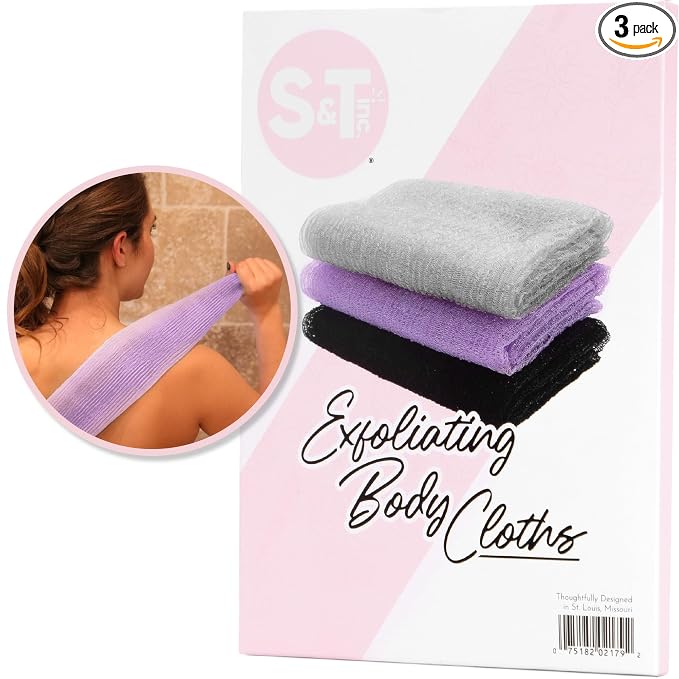 S&T INC. Back Scrubber for Shower, 3 Pack, 11.8" x 35.4", Assorted Colors | Long, Exfoliating Towel for Skin Care, Create Rich Lather for Cleansing, For Bath and Shower