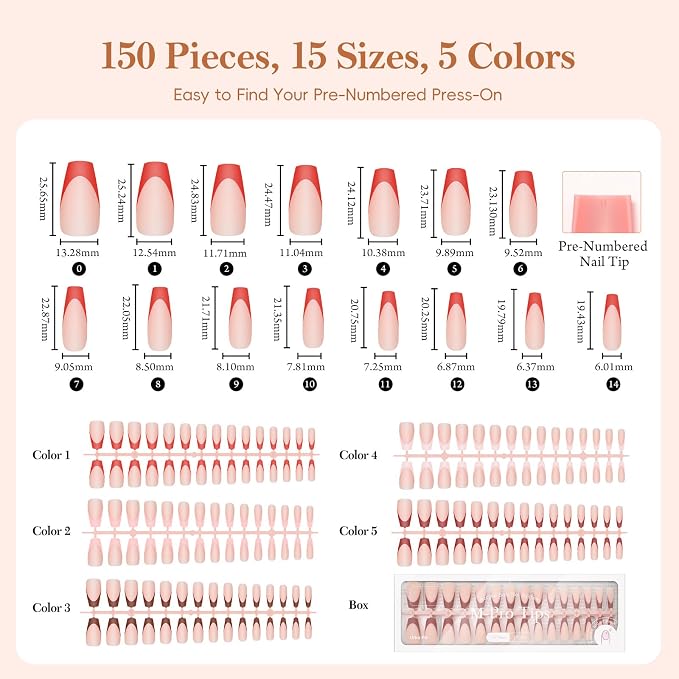 PEACECOLOR French Tip Press On Nails Kit - 150Pcs Long Coffin 5 Colors Nail Tips Gel Nail Kit with U V Light Base & Top Coat Starter Kit Nail Glue Manicure Set Fake Nails DIY Gift for Women Girls Home