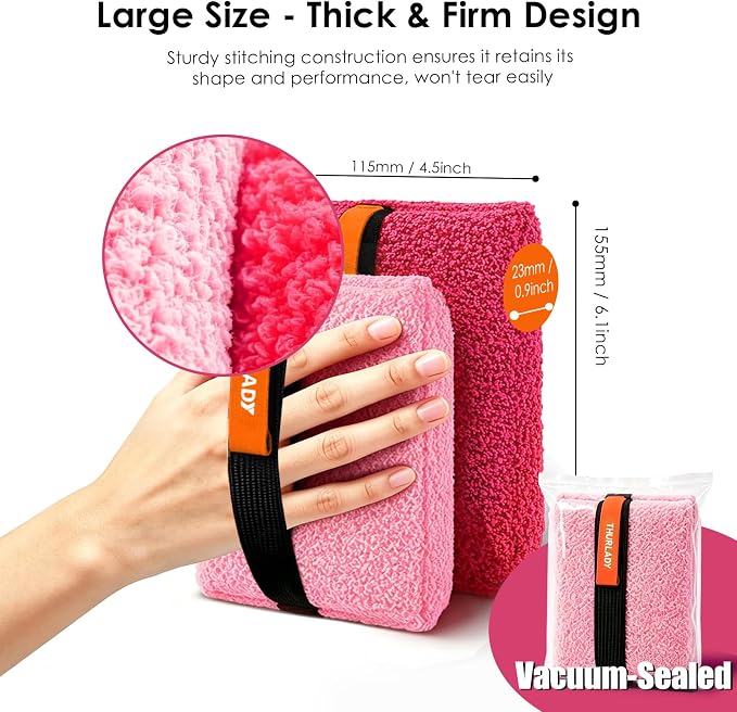 Exfoliating Body Scrubber, Rough Body Scrubber Exfoliator, 2 Pack | Large Exfoliating Bath Shower Sponge, Loofah for Women, Deep Cleansing for Smooth Skin, Reusable & Long-lasting, Pink