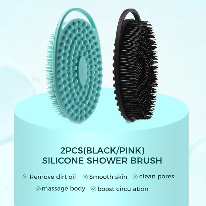 2 Pack Silicone Body Scrubber, Exfoliating Shower Scrubber for All Skin | 2 in 1 dual-sided design, soft bristles and massage bumps side, fast-drying, non-slip handle, for women and men, Black+Green