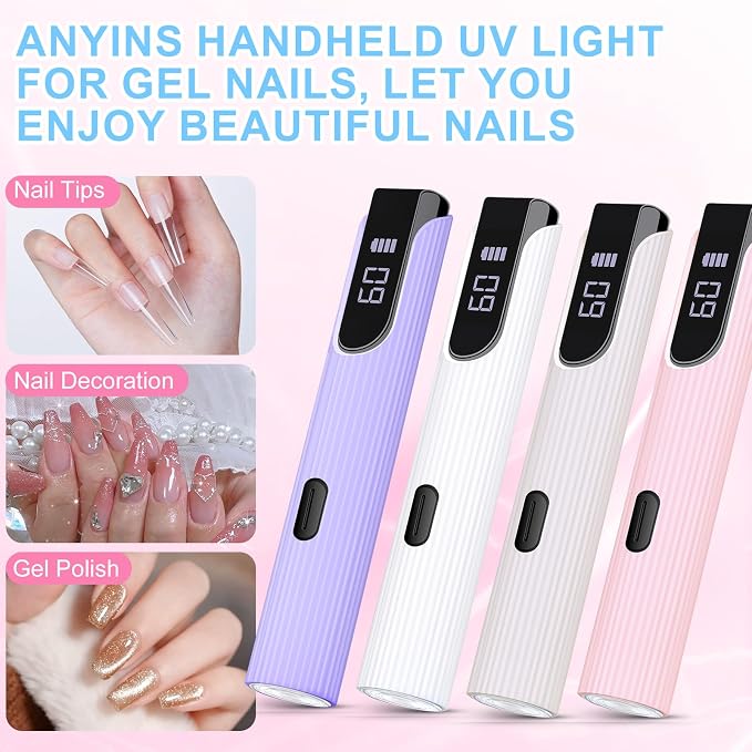 Handheld UV Light for Gel Nails, Gel Light for Nails Cordless Nail Lamp with LCD Display Fast & Even Curing for All Gel Types Rhinestone Glue Decoration DIY at Home Salon, Travel(Pastel Pink)