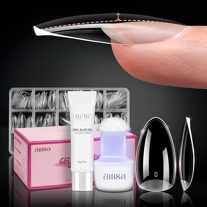 AILLSA Nail Extension Kit Medium Almond Nail Tips 224pcs | Upgrade Glue Gel for Fake Tips Press on Nails, Nail Extensions Kit with Portable Nail Lamp for Beginners