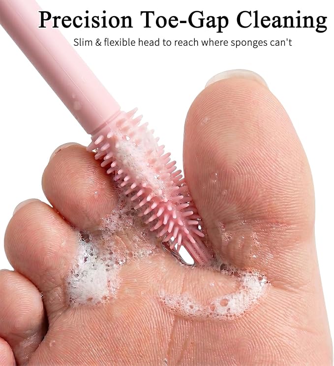 2 Pack Toe Cleaning Brush with 15.7" Long Handle, Silicone Foot Scrubber & Exfoliating Anti-Itch Brush for Bath & Feet, No-Bend Long Reach Feet Cleaner for Seniors & Daily Living (Pink)