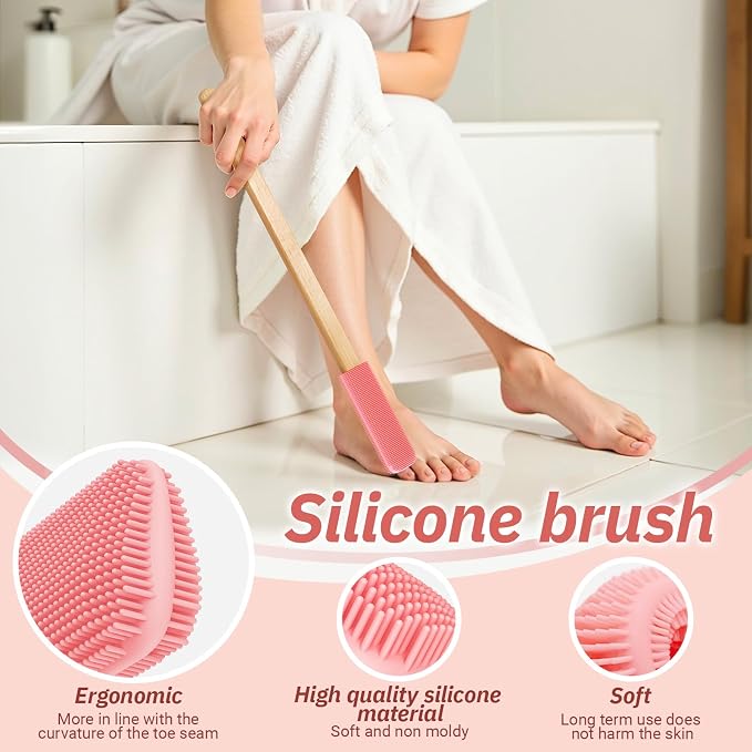Long Handle Toe Gap Cleaning Brush+Body Shower Brush+Foot Grinder, Pink | Silicone Foot Scrubber for Shower, Feet Cleaner Scrub Foot Care for Seniors,Elderly, Men and Women