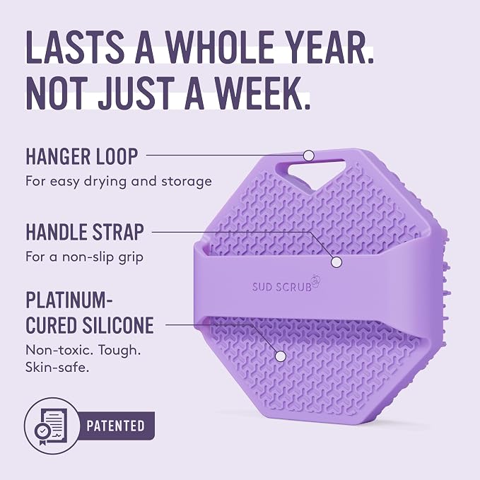 Sud Scrub® Antimicrobial Silicone Body Scrubber, Exfoliating Body Brush for Sensitive Skin, Antibacterial Shower Scrubber for Body, Bathroom Essentials for Men & Women, Purple