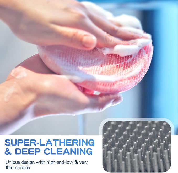 Manmihealth Silicone Back Scrubber & Soft Bath Glove Set 2PCS Gray | Super-Exfoliating Body Scrubber & Super-Lathering Shower Brush Combination, Thick Bristles, with a Free Hook