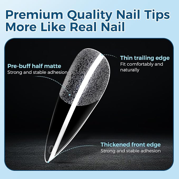 TOMICCA Long Stiletto Nail Tips, 240pcs 12 Sizes, Soft Gel Tips | Half Matte Pre-Shaped Full Cover Clear Fake Nails, Acrylic Press on Nails for Extension, Beginners and Professional Salon