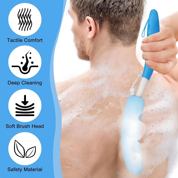 Back Scrubber for Shower,15.35" Long Handle Shower Brush for Body | Back Brush for Shower for Men Women, Long Handled Bath Sponge for Deep Clean,Exfoliating,Anti-Slip Curve Handled
