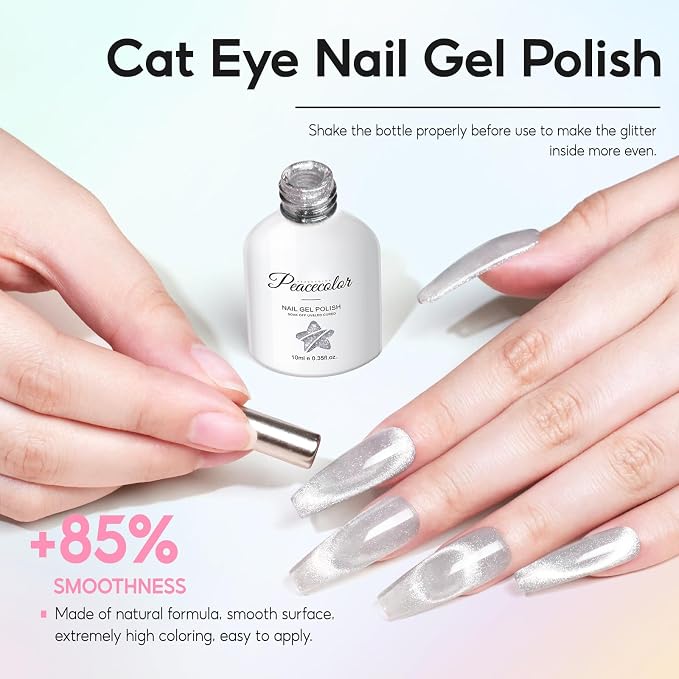 PEACECOLOR Gel Nail Polish Kit with U V Light 82PCS, 56 Colors Gel Polish Set with Cat Eye Gel Nail Polish 4Pcs Glossy/Matte/Glitter Top Base Coat Rhinestones Manicure Kit Gifts for Women Salon Home