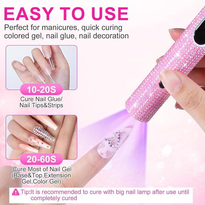 Handheld UV Light for Gel Nails, Pink Diamond Gel Light for Nails Cordless Nail Lamp with LCD Display Fast & Even Curing for All Gel Types Rhinestone Glue Decoration DIY at Home Salon, Travel