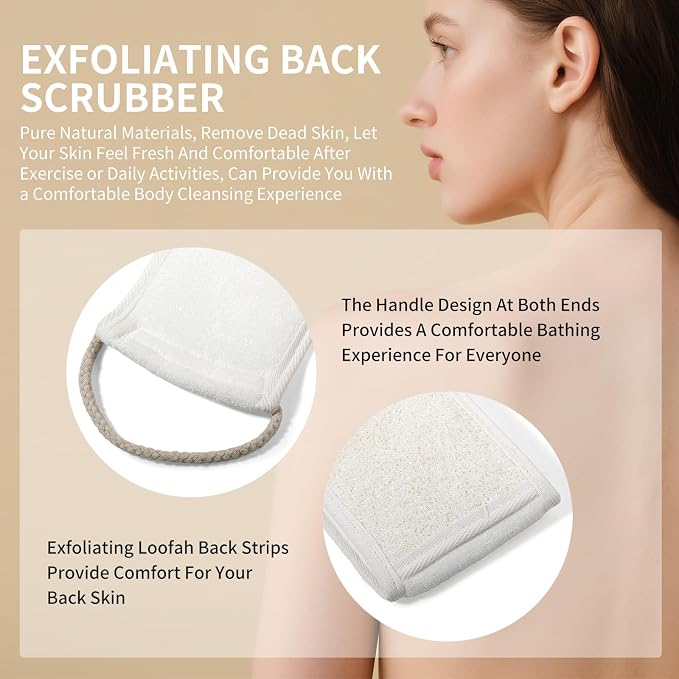 Back Scrubber, Natural Loofah Shower Strap with Oval Bath Pads Set | Long Handle Back Access, Natural Fibre Texture, Oval Wash Pads, Shower Use, Home And Travel Convenience