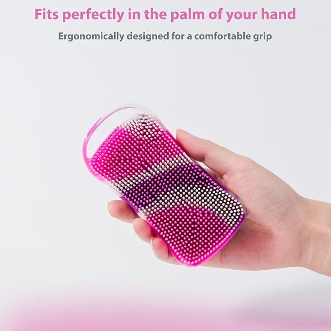 MtBoi 2 PC Silicone Body Scrubber, 2 in 1 Exfoliating Shower Bath Scrubber, Soft Silicone Loofah for Sensitive Skin, Shower Hair Scalp Massager, Easy to Clean, Lather Well (Purple & Yellow)