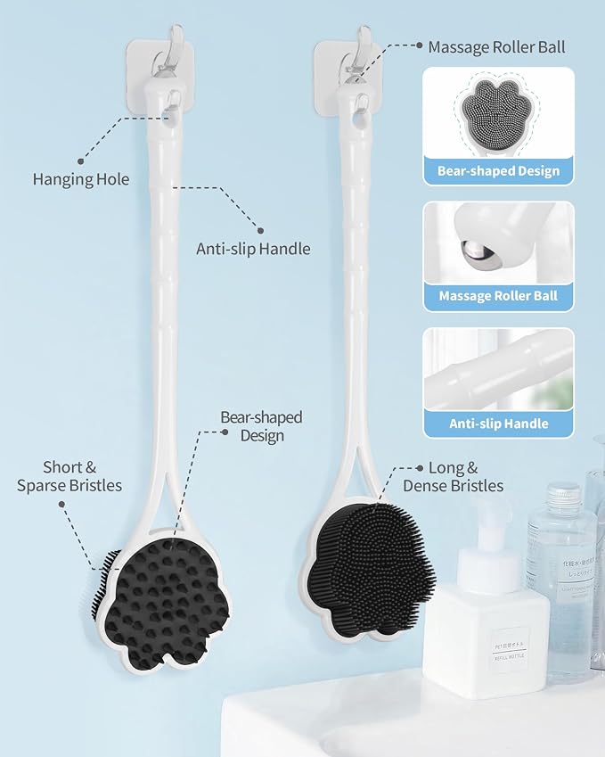 Manmihealth 15.7" Cute Silicone Body Scrubber & Face Scrubber Set BlackSet | 3 PCS Paw-Shaped Silicone Back Shower Brush & Facial Scrubber with Super-Soft Bristles Combination